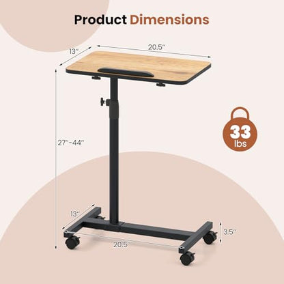 GIANTEX Overbed Table with Wheel, Medical Adjustable Bedside Table Natural | Mobile Standing Desk, Portable Laptop Table for Small Spaces, Bed Trays Table for Eating Home and Hospital - color: Natural