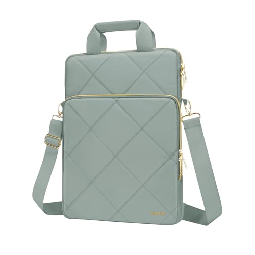 MOSISO Vertical Laptop Bag, Computer Bags | Rhombus Quilted Laptop Shoulder Bag with Trolley Sleeve&Pocket&Handle - color: Antique Green, size: 16 inch