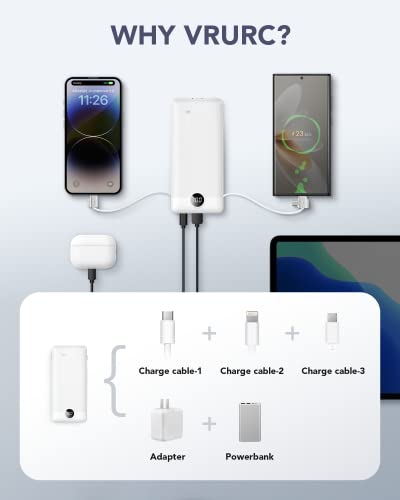 VRURC 3-in-1 Portable Charger, Built-in Cord & Foldable Wall AC Plug-White | 10000mAh Portable Power Bank, Travel Battery Pack for Smartphones, USB-C Emergency External Charger for Trip- (1 PACK)