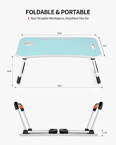 FISYOD Foldable Laptop Table, Portable Lap Desk Bed Table Tray, Laptop Stand with Cup Holder & Tablet Slot & Lifting Handle for Working Writing Drawing & Eating (Blue) - color: Blue