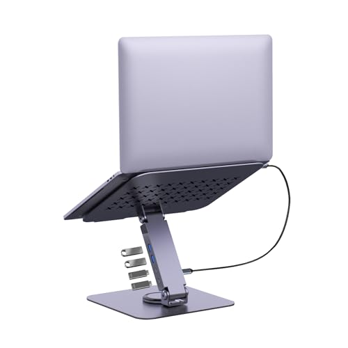 EJAY 360 Rotating Laptop Stand with 10Gbps USB 3.2 Hub, Heavy Duty Aluminum Computer Riser for Desk, Adjustable Ergonomic Holder for MacBook Pro Air, Dell, HP, Office