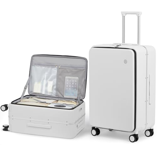 mixi 24 Inch Checked Luggage PC Hard Shell Suitcase Top Opening Aluminum Frame Travel Suitcases with Wheels, Smoke White - color: Smoke White, size: 24 Inch