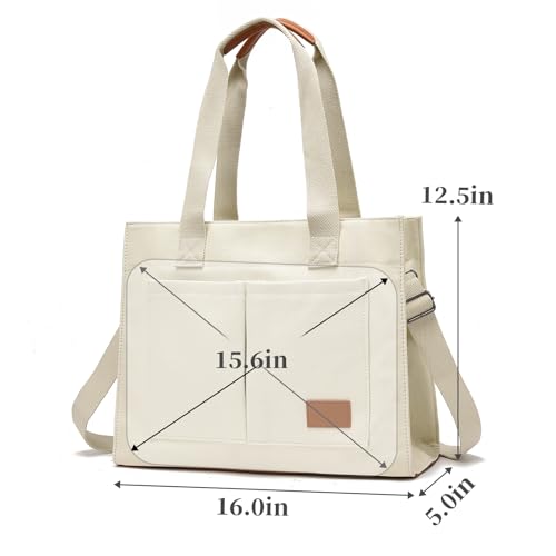 Canvas Laptop Tote Bag for Women | 15.6" Laptop Compartment - color: Ivory