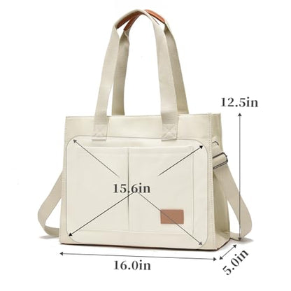 Canvas Laptop Tote Bag for Women | 15.6" Laptop Compartment - color: Ivory