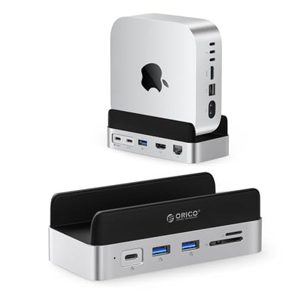 ORICO MiniDock Stand Compatibility with Mac mini M4, 10-in-1 Aluminum Hub with M.2 SSD Enclosure, 10Gbps USB-C & USB-A,5Gbps 4K HDMI, Gigabit Ethernet, SD/TF Card Readers,Type-C(PD3.0)