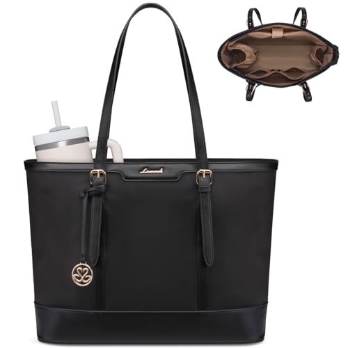 LOVEVOOK Work Tote Bag for Women 17.3 Inch Laptop Computer Bags with Cup Holder, Large Teacher Bag Briefcase for Business Office Travel Black, Nylon&PU - color: Black Nylon&pu, size: 17.3 in