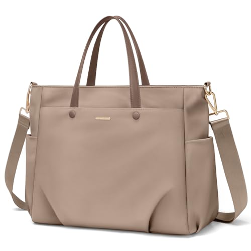 15.6 Inch Laptop Tote Bag for Women, Lightweight Nylon Work Shoulder Bag, Water-Resistant Computer Handbag with Pockets for Business Travel & Commute (Champagne) - color: Champagne, size: 15.6 Inch