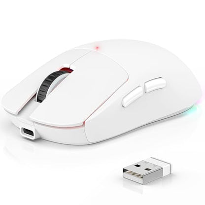 Bluetooth Wireless Gaming Mouse for MacBook Air PC iPad Pro, Ergonomic Rechargeable Laptop Mice with Jiggler Mode, 8000DPI RGB Computer Mouse Wired/Bluetooth 5.3/2.4G USB 3 Mode Connect - White