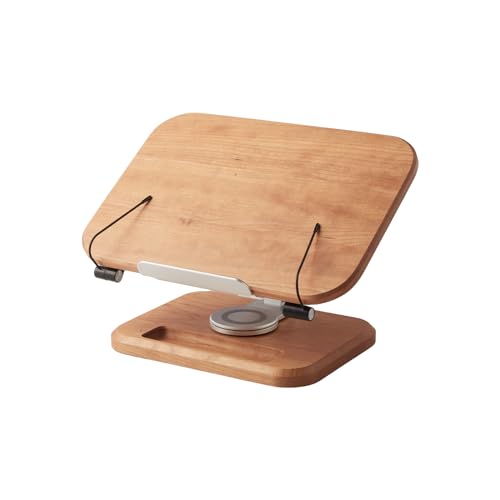 Book Stand for Reading, Mayhas Adjustable Book Holder with 360° Swivel Base&Page Clips, Foldable Desktop Stand for Cookbook, Fits All Books (Cherry Wood, Wood Base) - color: Cherry Wood, size: Wood Base