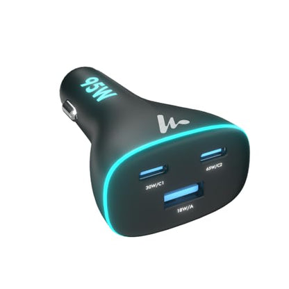 PD 95W Superfast Charging 2.0 Wozoyo Car Charger, with 2XType C & USB-A, PPS & QC 3.0, Triple Port (65W + 30W + 18W), 12V–24V Compatible, Multi-Layer Protection, 2-Years Manufacturer Warranty