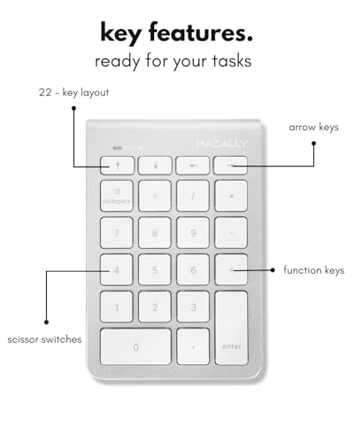 Macally Bluetooth Number Pad for Laptop - Wireless Numeric Keypad - 22 Key Numeric Keypad for Data Entry, Numpad Compatible with Mac, iMac, MacBook, iPad, iPhone, iOS, Laptop, PC, Android - Silver - color: Silver