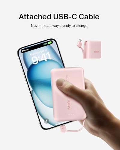 Belkin 10000mAh 20W USB C Power Bank, Portable Charger for iPhone & iPad | Fast Charging, Integrated USB C Cable, Eatra USB C Port, iPhone 17, iPad, Samsung Galaxy S26, Charge 2 Devices - color: Pink, style: 10K mAh