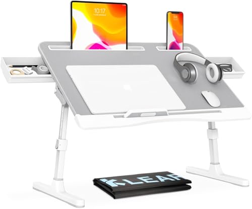 KLEAR Foldable Laptop Bed Tray Desk with Extral Drawstring Bag | Adjustable Bed Table with Heights and Angles, Lap Desk for Eating, Working, Writing, Gaming, Drawing with 2 Drawers(XL, Grey) - color: Gray, size: X-Large with Bag (15.7"x23.6")