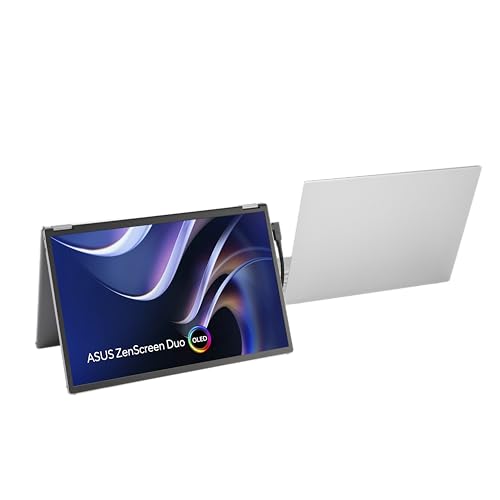 ASUS ZenScreen Duo OLED 360° Foldable Portable Monitor (MQ149CD) - Dual 14-inch, 16:10, 1920x1200, DisplayHDR400 True Black, 100% DCI-P3, Delta<2, Dual USB-C, Mini-HDMI, Kickstand, 3 yr Warranty - style: 14" Duo OLED Fodable USB-C