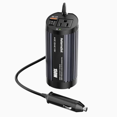 150W Car Power Inverter Cup Holder, 12V DC to 110V AC Power Converter with 1 AC Outlet and 1 USB-QC, Car Plug Adapter Car Outlet Adapter for Laptop, Computer, Phones on Camping Road Trip
