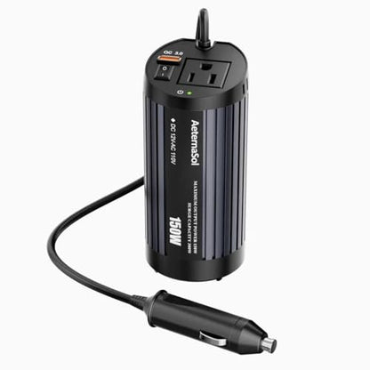 150W Car Power Inverter Cup Holder, 12V DC to 110V AC Power Converter with 1 AC Outlet and 1 USB-QC, Car Plug Adapter Car Outlet Adapter for Laptop, Computer, Phones on Camping Road Trip