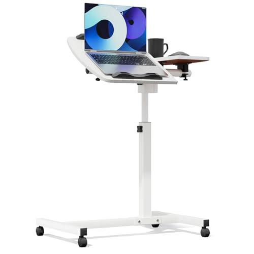 Athena Collection Adjustable Standing Desk with Wheels Overbed Table, White | Height Adjustability(28.5"-39.5"), Smooth-rolling Casters, Rolling Lab Cart with Large Tabletop for Office, Hospital, Clinic - color: White, size: Split Desktop