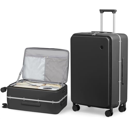 mixi 26 Inch Large Checked Luggage PC Hard Shell Suitcase Top Opening Aluminum Frame Travel Suitcases with Wheels, Black - color: Black, size: 26 Inch