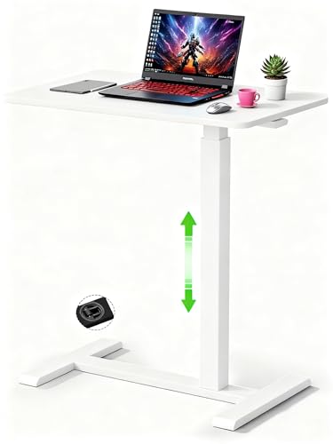 Mobile Small Standing Desk with Hidden Wheels, Pneumatic Laptop Desk, Rolling Computer Cart Movable, Portable Rolling Computer Sit Stand Side Table for Couch, Home, Office, White - color: White