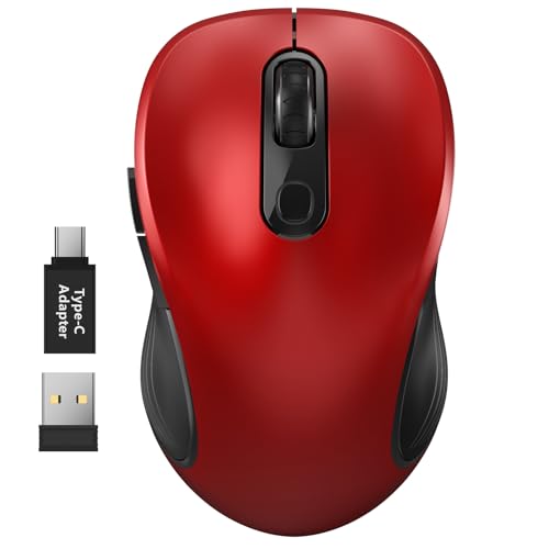 WisFox 2.4G Wireless Mouse for Laptop, Ergonomic Computer Mouse with USB Receiver and Type-C Adapter, 6 Button Cordless Mouse Wireless Mice for Windows Mac PC Notebook (Red) - color: Red