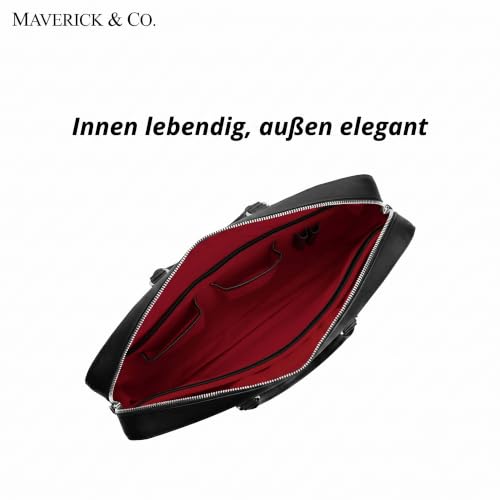 Maverick & Co. Manhattan Genuine Saffiano Leather Briefcase for Men - Slim Professional Laptop Bag for Work & Business Travel, Fits 16" Laptop (Black-Racing Red)