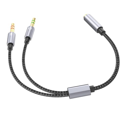 3.5mm Sound and Microphones Splitter Cable, Braided Adapter Female to 2 Male for PC, Gaming Headsets, Laptop
