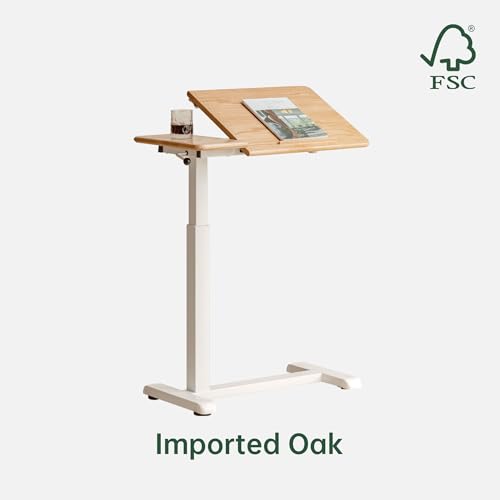 Height Adjustable Bedside Desk, 100% Solid Wood Overbed Table with Wheels, Rolling Laptop Table for Home, Office, Study, Bedroom - color: Natural-oak Wood Flip Panel, size: 27"W