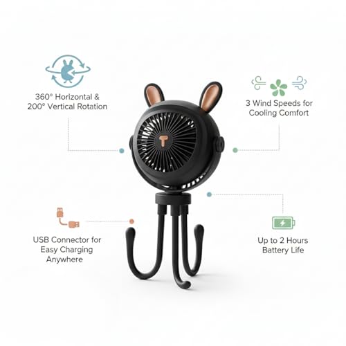 Stroller Fan for Baby with LED Light – Portable Clip-On Fan with Flexible Tripod Legs, USB Rechargeable, 3 Speeds, 120 Minutes Battery Life, Quiet Cooling for Travel, Nursery & Car Seat - color: BLACK