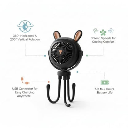Stroller Fan for Baby with LED Light – Portable Clip-On Fan with Flexible Tripod Legs, USB Rechargeable, 3 Speeds, 120 Minutes Battery Life, Quiet Cooling for Travel, Nursery & Car Seat - color: BLACK