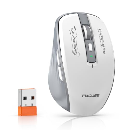 FMOUSE Wireless Mouse, Bluetooth & 2.4GHz Dual Mode, No Charging Needed (AA Battery), Silent Click, Side Shortcut Keys, 4-Level DPI, Compact for MacBook Laptop iPad PC – White & Grey - color: White and Grey