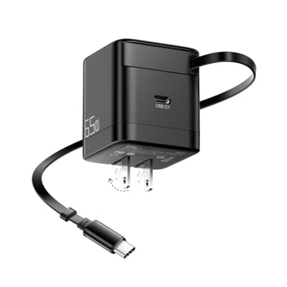 65W USB C Charger with Retractable Cable Dual Port Foldable Plug | 65W Fast Charging for Laptops Tablets and Phones, 27.5 Inch Built In Retractable USB C Cable, Dual USB C Ports