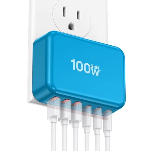 Fast Charger Block, GaN 6 Port USB C Charging Station Hub Cube, 100W Multiport Type C Wall Charger Power Strip Plug with PD+QC for iPhone 16 15 14 13 12 1 Pro Max XR XS 8 7, Samsun.g, iPad, Table - color: Blue