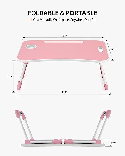 FISYOD Foldable Laptop Table, Portable Lap Desk Bed Table Tray, Laptop Stand with Cup Holder & Tablet Slot & Lifting Handle for Working Writing Drawing & Eating (Pink) - color: Pink