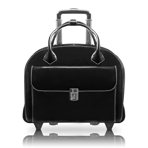 McKlein W Series, Glen Ellyn, 15" Leather Detachable -Wheeled Ladies' Laptop/Computer & Tablet Business Briefcase Bag/Women's Rolling Overnight Travel Bag, Removable trolley case - color: Black