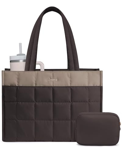 LOVEVOOK Tote Bag for Women, Puffer Work Handbag 15.6 Inch Laptop Purse for Nurse Teacher, Large Quilted Travel Tote Shoulder Bag with Zipper for College Office Clinical Gym, Khaki-coffee - color: Khaki-coffee, size: 15.6 inch