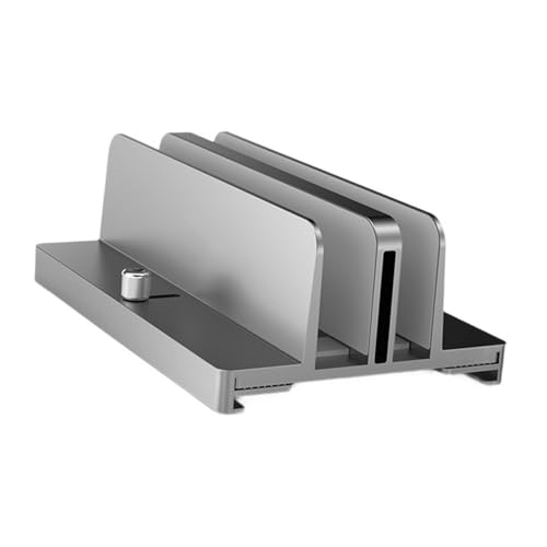 Aluminum Alloy Adjustable Width Vertical Laptop Stand with Dual Slots, Gray – Space-Saving Desk Laptop Holder for Tablets and Notebooks, Portable Computer Organizer