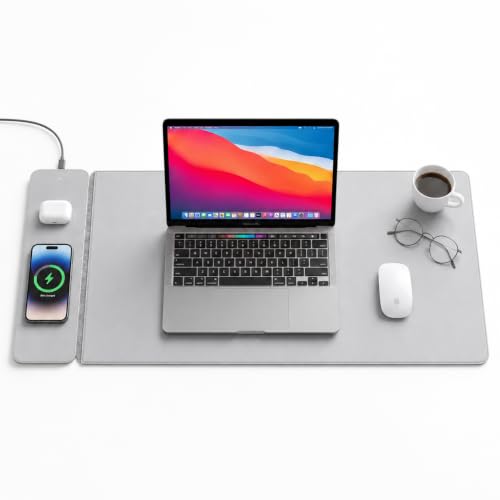 Wireless Charging Desk Mat, Detachable MagSafe & Qi Mouse Pad with Hidden Storage Pocket, 4-in-1 Charges iPhone, Android, AirPods & Wireless Earbuds, Vegan Leather, XL 30.7"x14.6" (Grey) - color: Gray