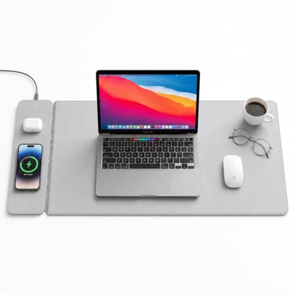 Wireless Charging Desk Mat, Detachable MagSafe & Qi Mouse Pad with Hidden Storage Pocket, 4-in-1 Charges iPhone, Android, AirPods & Wireless Earbuds, Vegan Leather, XL 30.7"x14.6" (Grey) - color: Gray