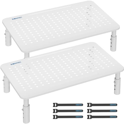 BONTEC Monitor Stand for Desk 2 Pack, 3-Level Height Adjustable Metal Monitor Riser, Ergonomic Computer Stand with Pen Holder & Cable Management for Printer, Laptop, Office Workstation, White - color: Basic Model - White, size: 2 Pack