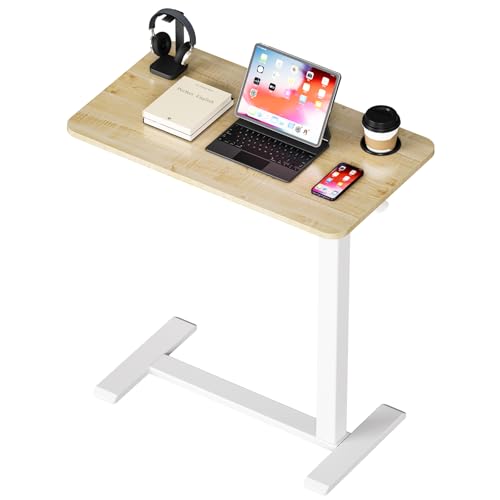 BIZUM Adjustable Hospital Bed Table on Wheels, Rolling Bedside Table Maple | Adjustable height 29.7-43.3in, 27.6x15.8in surface, cup holder, 22lb capacity, pneumatic lift, 4 swivel wheels - color: Maple