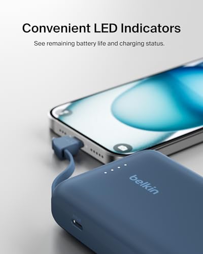 Belkin 10000mAh 20W USB C Power Bank, Portable Charger for iPhone & iPad | Fast Charging, Integrated USB C Cable, Eatra USB C Port, iPhone 17, iPad, Samsung Galaxy S26, Charge 2 Devices - color: Blue, style: 10K mAh