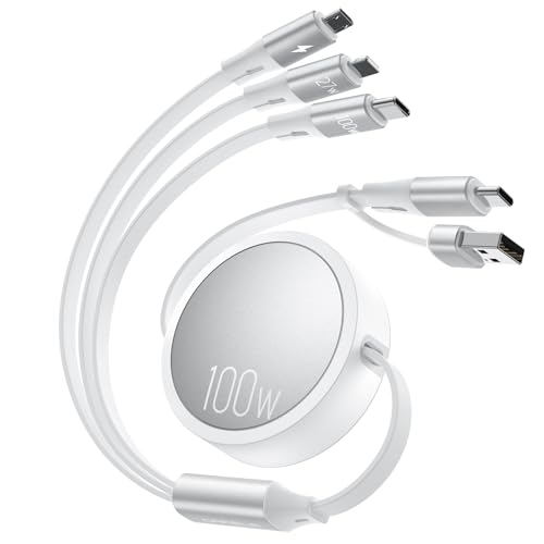 CAFELE 100W Multi Charging Cable, 6-in-1 Retractable USB C/A Cable, 5A Fast Charger Cord for Multiple Devices with Type C/L/Micro Ports for Phone 17 16 15 14 Pro Max, S24/S23, MBook, Pad (3.6ft) White - color: White