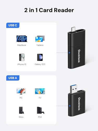 SD Card Reader, Dockteck USB 3.0 Card Reader to Micro SD Card Adapter, 5G SD Memory Card Reader, USB A - C Adapter, Dual-Slot Card Reader for UHS-I SD/Micro SD/SDHC/SDXC/MMC, Support OTG for Plug&Play