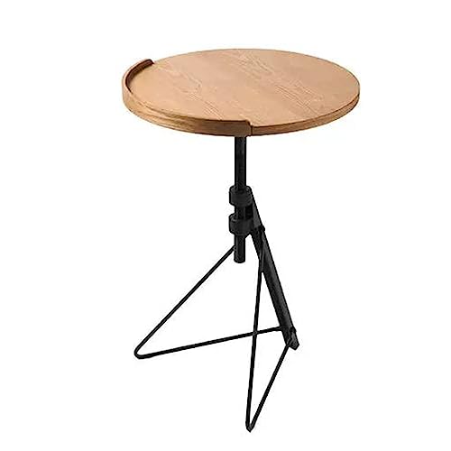 Coffee Table Height Adjustable Round Coffee Table, Small Coffee Snack Side Table with Tilting Board, Foldable Sofa Bedside Table Laptop Stand, with Wooden Table Top and Triangular Metal Legs