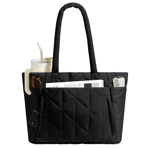 CHUNLI Laptop Tote Bag for Women 15.6 Inch, Quilted Work Shoulder Bag with Multiple Pockets & Luggage Strap for Office Travel - color: Black