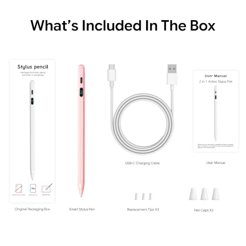 Active Stylus Pen with LED Display, 2-in-1 Dual Modes Digital Pencil for iPad iPhone Samsung Android Tablets & Switch, Palm Rejection & Tilt Sensitivity for Drawing, No Bluetooth Pairing (Pink) - color: Pink