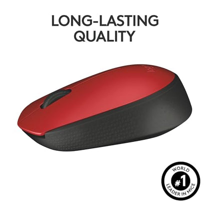 Logitech M170 Compact Ambidextrous 2.4 GHz Wireless Mouse - Red | Ambidextrous mouse with 2.4 GHz USB-A Nano Receiver, Optical Tracking, 12-Months Battery Life, PC, Mac, Laptop compatible - color: Red