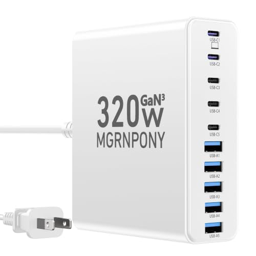 320W USB C Charger Block, 10-Port GaN USB C Charging Station White | PD 65W Laptop Fast Charger Adapter for MacBook Pro/Air, DELL, iPad, iPhone, Samsung Galaxy - color: White
