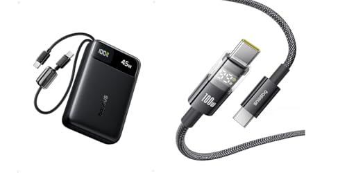 Baseus 6.6ft 100W 5A Fast Charging USB C Charger Cable with LED Display, Bundle with 20000mAh Compact Portable Charger 45W, CCC Certified Power Bank Built-in USB-C Cables