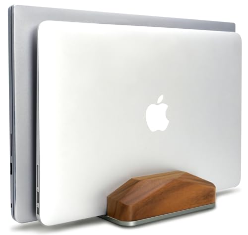 GEVO Dual Laptop Holder Vertical Laptop Stand, Natural Wood, Adjustable Dock, Wooden Laptop Stand, Vertical Laptop Holder for Desk, Widen Dock Fits All MacBook/Surface Pro 2 Devices (Black Walnut)